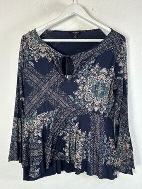 Lucky Brand Womens Navy Floral Peasant Top Medium Keyhole Neck Bell Sleeve New